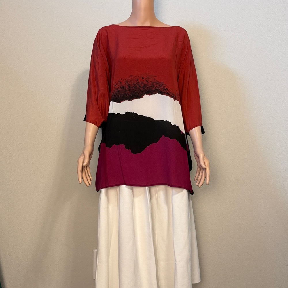 Marina Rinaldi 100% Silk Red and Black Colorblock Top Size 12